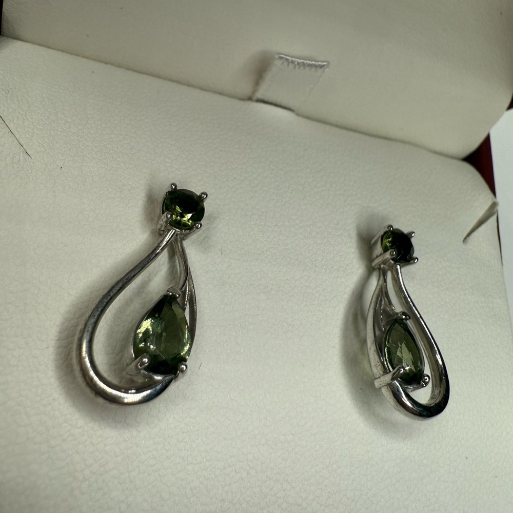 Custom Sterling Silver Moldavite Teardrop Earrings - Everyday Women's Jewelry - Picture 3 of 7